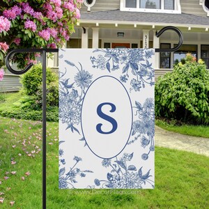 Blue Floral Monogram Garden & House Banner | Personalized Initial Flag