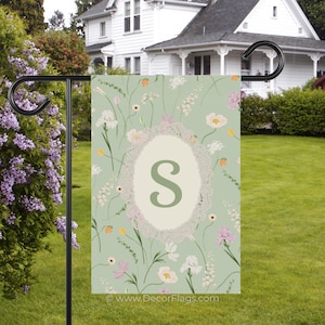 Sage Floral Monogram Garden & House Banner | Spring Personalized Wildflower Initial Flag