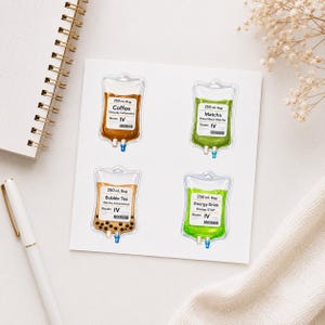 Caffeine IV Drip Sticker Sheet (No Face), Nurse Caffeine Stickers, Coffee Matcha Boba IV Bag Stickers, Nursing Student Gift, Health Decal