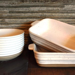 White Ceramic Baking Dishes Ribbed 1 Round 2 Rectangle OVEN to TABLE 3 Pcs