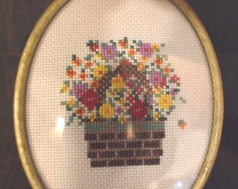 Needlepoint Art Small Oval Flower Pot Motif Framed