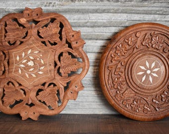 Vintage Hand-Carved Wood Trivets Set of 2 Pcs