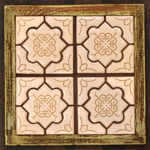 Decorative Moroccan Motif Ceramic Trivet Wood Frame