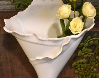 Vintage French GIRAUD LIMOGES Porcelain Cornucopia Horn White Wall Pocket