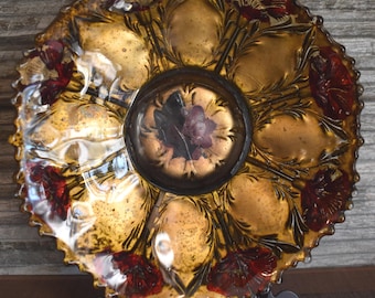Antique Goofus Glass Gold Bowl w Red Carnations Scalloped Sides