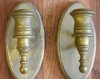 Oval Wooden Sconces Home Decor Gold Patina PAIR Set of 2 Pcs