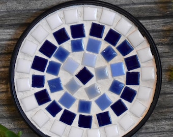 Ceramic Glass Mosaic Tile Flat Candleholder Round with Metal Base