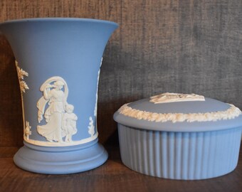 Vintage Wedgewood Jasperware Pale Blue Vase Trinket Box Set of 3 Pcs