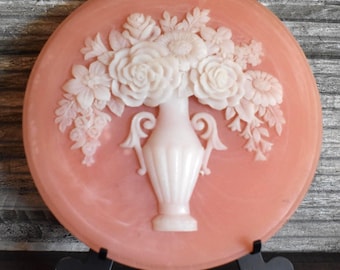 Vintage Pink Incolay Stone Trinket Box Round LID ONLY Home Decor