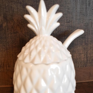 Vintage Milk Glass Pineapple Motif Honey Jam Pot with Lid + Ladle Set of 3 Pcs