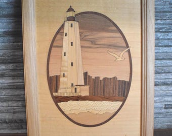 Hudson River Sandy Hook Lighthouse Orig Wood Bark Art Jeff Nelson