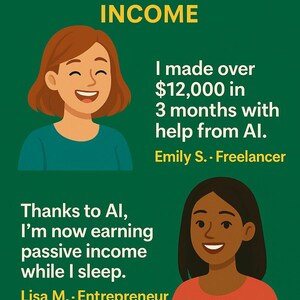 Op de afbeelding: Illustratie op een groene achtergrond met de tekst "SUCCESS STORIES: USING AI TO GENERATE INCOME." Twee lachende vrouwen zijn afgebeeld, samen met tekst die het met AI verdiende inkomen aangeeft.