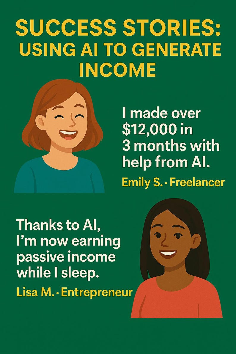 Op de afbeelding: Illustratie op een groene achtergrond met de tekst "SUCCESS STORIES: USING AI TO GENERATE INCOME." Twee lachende vrouwen zijn afgebeeld, samen met tekst die het met AI verdiende inkomen aangeeft.