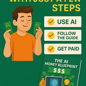 Op de afbeelding: Illustratie met een groene achtergrond en de tekst "MAAK GELD MET SLECHTS EEN PAAR STAPPEN." Een persoon in een oranje shirt houdt geld vast. De afbeelding promoot het gebruik van AI om inkomsten te genereren, met een boek getiteld "THE AI MONEY BLUEPRINT."