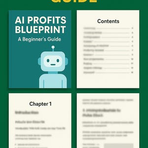 Op de afbeelding: Een teal boek getiteld "AI Profits Blueprint: A Beginner's Guide" met een robotillustratie. De afbeelding toont ook een "Contents" pagina en een "Chapter 1" pagina, alles tegen een groene achtergrond. De woorden "STEP-BY-STEP GUIDE" staan bovenaan.