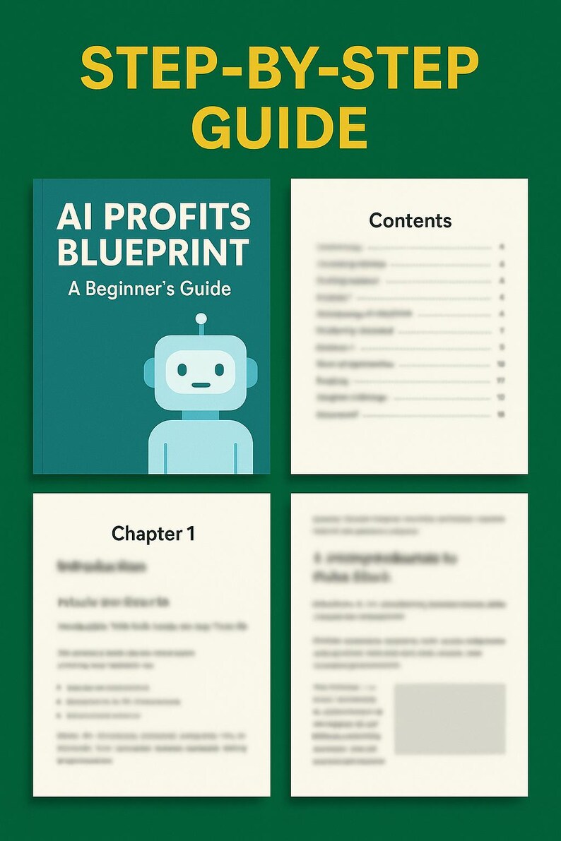 Op de afbeelding: Een teal boek getiteld "AI Profits Blueprint: A Beginner's Guide" met een robotillustratie. De afbeelding toont ook een "Contents" pagina en een "Chapter 1" pagina, alles tegen een groene achtergrond. De woorden "STEP-BY-STEP GUIDE" staan bovenaan.