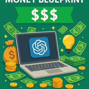 Op de afbeelding: Illustratie met groene achtergrond met een laptop met een blauw logo, geld en een gloeilamp. De tekst luidt "THE AI MONEY BLUEPRINT" en "How to Use AI to Generate Income."