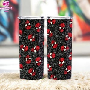 Two tall, cylindrical tumblers with a black and red spiderman-themed design printed on them.