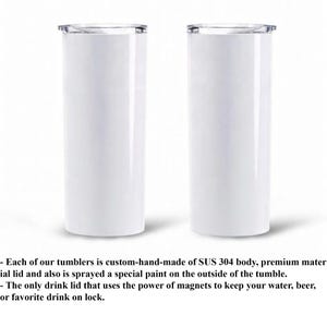 Two white, cylindrical tumblers with a clear lid, one of which is described as a custom-made, premium-quality tumbler.