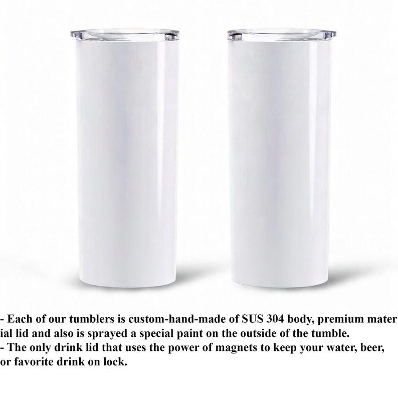 Two white, cylindrical tumblers with a clear lid, one of which is described as a custom-made, premium-quality tumbler.