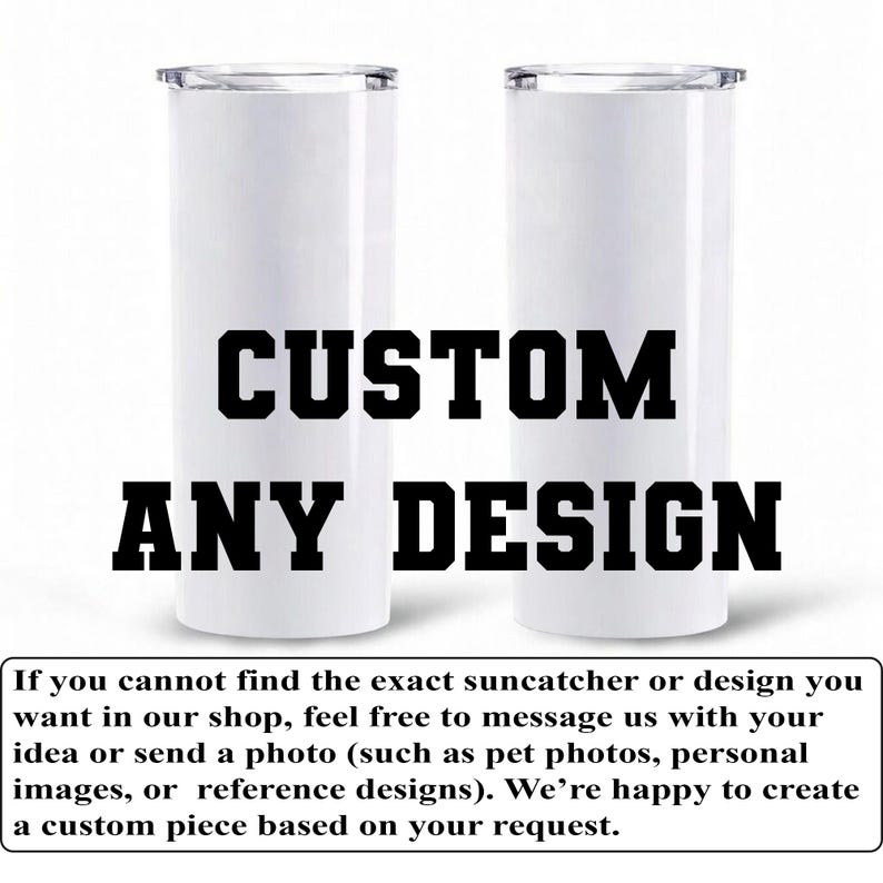 two white cylindrical containers with the text "CUSTOM ANY DESIGN" prominently displayed in the center.