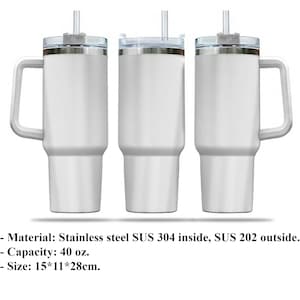 Three stainless steel tumblers with handles, arranged in a row.