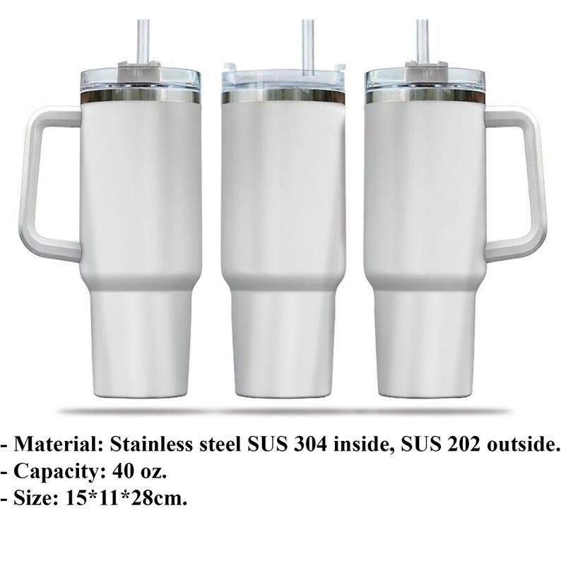 Three stainless steel tumblers with handles, arranged in a row.