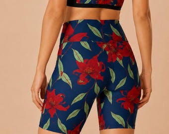 Rode short met tropische bloemen | Bikershort | Yoga | Patroon: