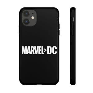May include: Black phone case with the text "MARVEL > DC" in white. The case is shown from the front and side, highlighting its design and form. The case is designed to fit a smartphone.