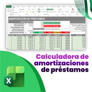 May include: A spreadsheet displaying loan amortization details, including initial balance, payments, and interest. The text "Dominando Ofimática" is visible. A purple banner at the bottom reads "Calculadora de amortizaciones de préstamos."
