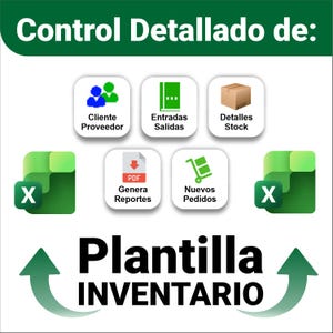 以下が含まれることがあります： 「Control Detallado de:」のテキストと、在庫管理機能を表現するアイコンが描かれたグラフィック。アイコンには、顧客/サプライヤー、入出庫、在庫詳細、レポート生成、新規注文が含まれます。「Plantilla INVENTARIO」のテキストも表示されています。