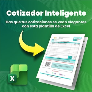 May include: A green and white Excel template with the text "Cotizador Inteligente" and "Has que tus cotizaciones se vean elegantes con esta plantilla de Excel". A yellow arrow points to the template. An Excel logo is in the lower left.