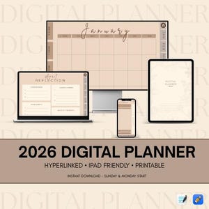 Op de afbeelding: Een digitale planner mockup met een laptop, desktopmonitor, tablet en smartphone, die allemaal plannerpagina's weergeven. De apparaten zijn gerangschikt op een neutrale achtergrond. De tekst "2026 DIGITAL PLANNER" wordt onderaan weergegeven.