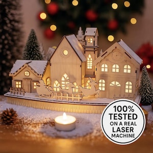 Centro de mesa de pueblo navideño cortado con láser - Archivos SVG (Descarga digital)