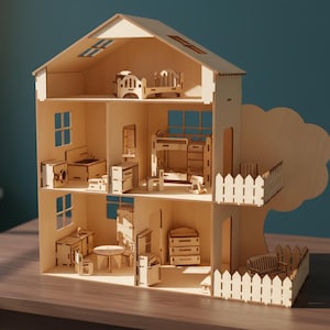 May include: A three-story wooden dollhouse with a tree-shaped balcony. The dollhouse features multiple rooms with miniature furniture, including a kitchen, bedroom, and living room. The dollhouse is made of light-colored wood.