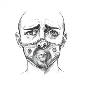 May include: A black and white illustration of a person with a worried expression. The person's mouth and nose are covered by a mask made of a one-hundred-dollar bill. The artwork is a detailed drawing.