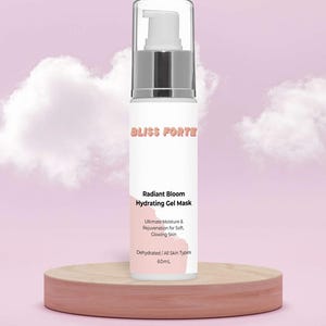 May include: A white bottle of Bliss Forte Radiant Bloom Hydrating Gel Mask with a silver pump and clear cap. The bottle is on a light pink wooden stand against a pink background with clouds. Text on the bottle reads: Ultimate Moisture & Rejuvenation for Soft, Glowing Skin, 60mL.