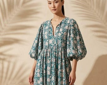 Teal Floral Block-Print Midi Dress with Balloon Sleeves