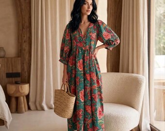 Emerald Botanical Tiered Smock Dress with V-Neck