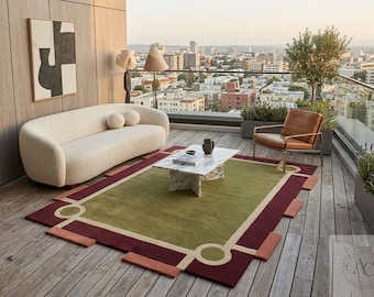 Modern Abstract Rug, Hand Tufted Wool Rug, Green Burgundy Area Rug, Geometric Carpet, Large Living Room Rug, Custom Rug.