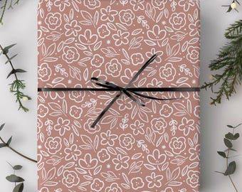Hand Drawn White Floral on Dusty Rose Gift Wrap Papers | Floral Wrapping Paper