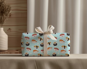 Kawaii Sushi Gift Wrap Paper | Blue Food Pattern