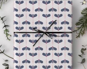 Navy Pink Celestial Moth Pattern Gift Wrap Paper | Floral Insect Wrapping Paper