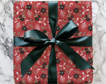 Festive Red Holly Floral Gift Wrap Paper | Christmas Wrapping Paper, Holiday