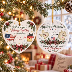 Personalized Military Christmas Ornament, Long Distance Keepsake, Custom Duty Station Map, Round Heart Ornament, Deployment Gift 2026