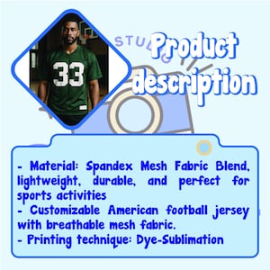 a man wearing a green football jersey with the number 33, and it is described as a product description with a focus on the material, customizability, and printing technique.