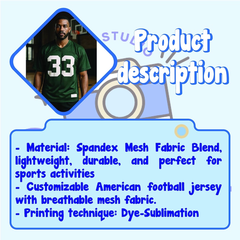 a man wearing a green football jersey with the number 33, and it is described as a product description with a focus on the material, customizability, and printing technique.