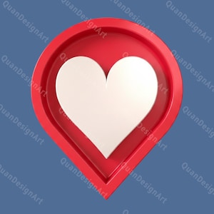 May include: A 3D rendering of a red heart-shaped pin with a white heart in the center. The pin is set against a blue background. The words "QuanDesignArt" are repeated around the border of the image.