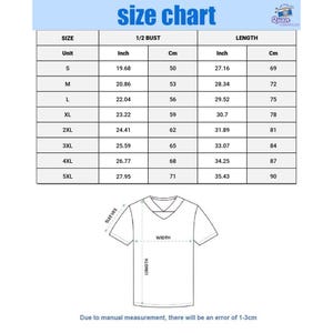 The image is a size chart for clothing items, including bust, length, and unit measurements. The chart provides measurements for different sizes, such as S, M, L, XL, XXL, and XL, along with corresponding cm measurements. The chart also includes a diagram of a shirt, which is used to illustrate the measurements. Due to the manual nature of the image, there is a possibility of errors in the measurements, as indicated by the caption "Due to manual measurement, there will be an error of 1-3 cm".