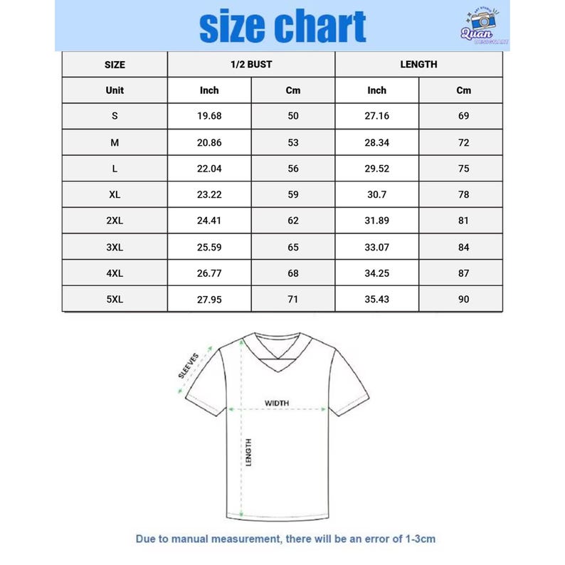 The image is a size chart for clothing items, including bust, length, and unit measurements. The chart provides measurements for different sizes, such as S, M, L, XL, XXL, and XL, along with corresponding cm measurements. The chart also includes a diagram of a shirt, which is used to illustrate the measurements. Due to the manual nature of the image, there is a possibility of errors in the measurements, as indicated by the caption "Due to manual measurement, there will be an error of 1-3 cm".